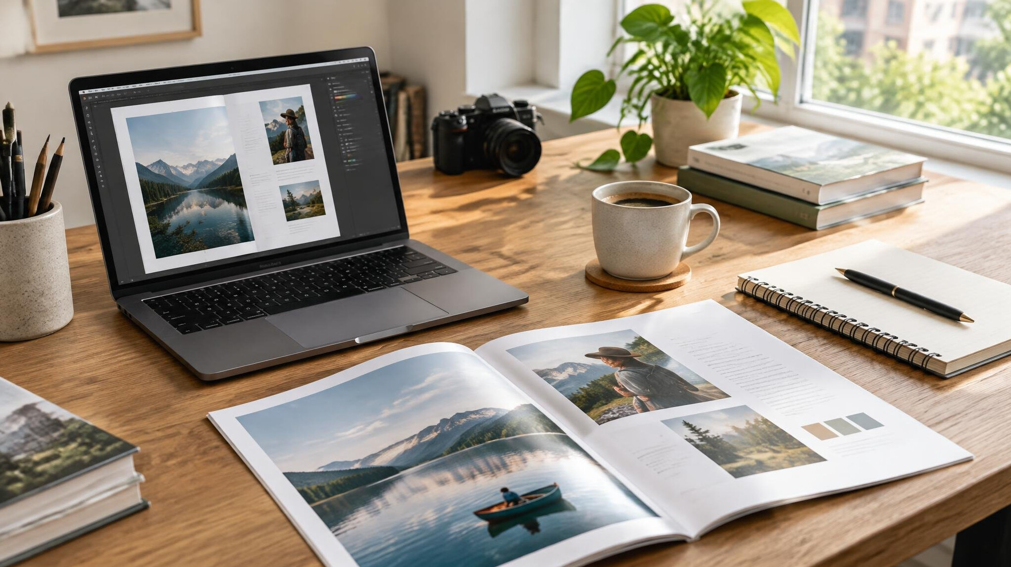 Editorial desk with laptop and open magazine