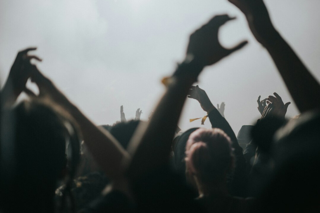 Audience with raised hands at a music festival